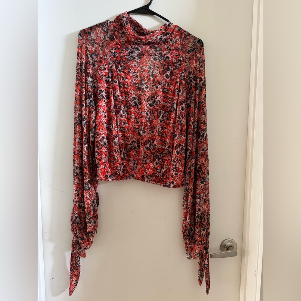 Free People Red Floral Long Sleeve Blouse